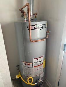 gas water heater installed by serranos plumbing services.