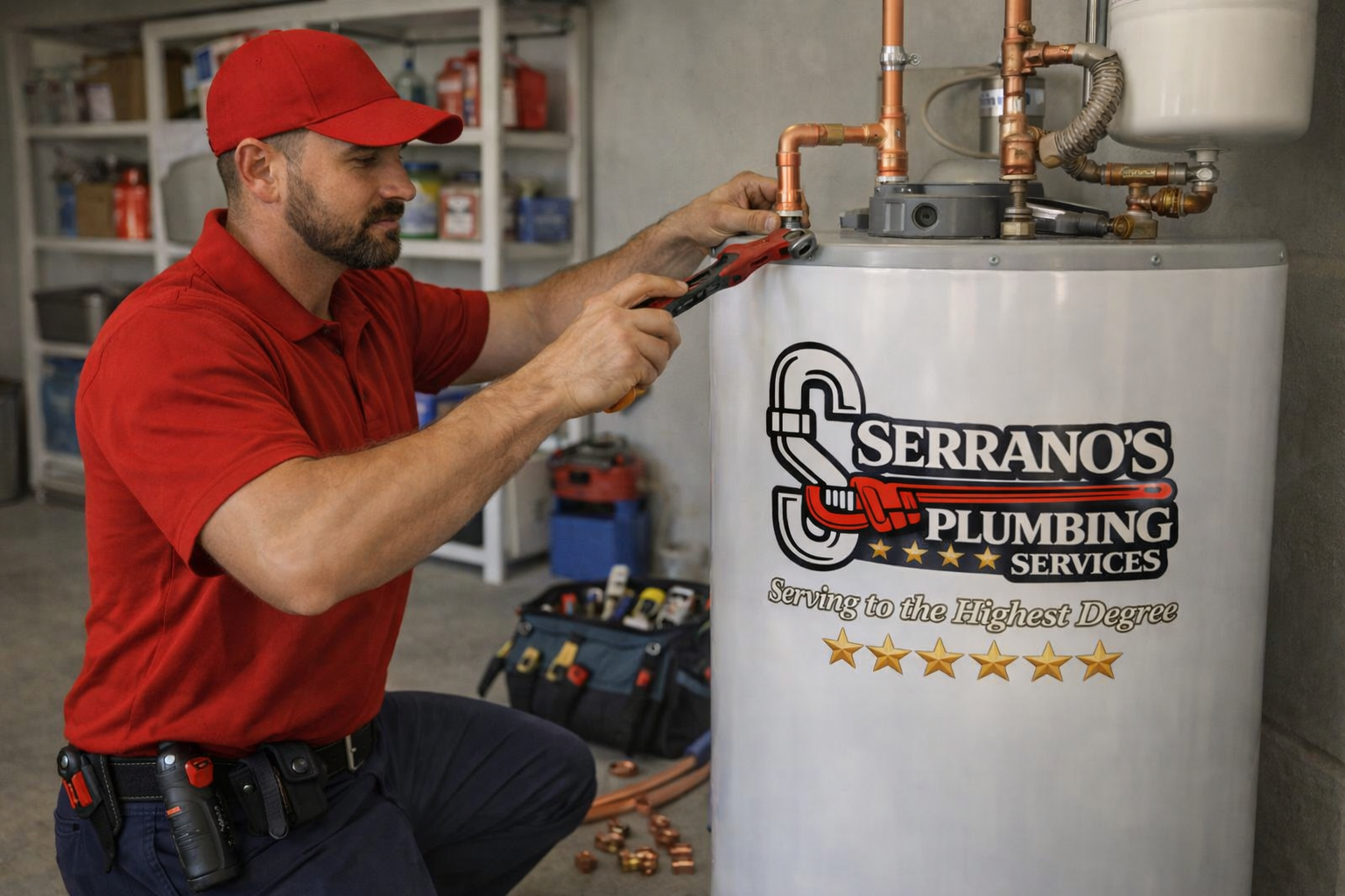 plumber repairing residential water heater system with tools and clean workmanship