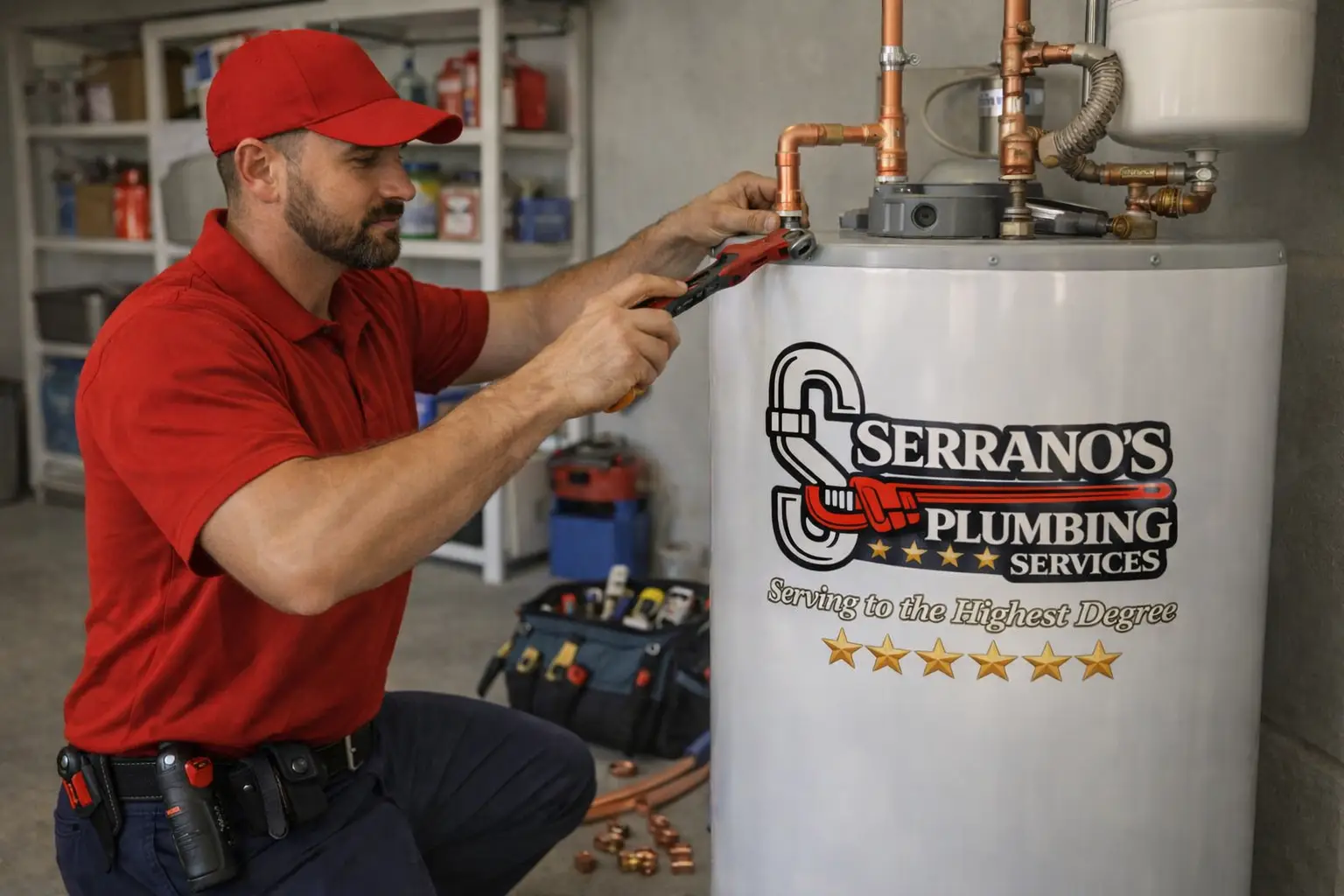 plumber repairing residential water heater tank with hand tools and clean setup
