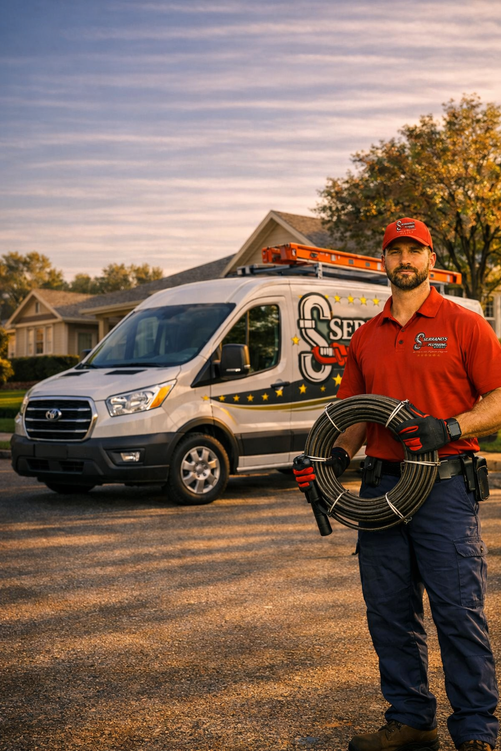 plumber standing near work van ready for residential water heater service
