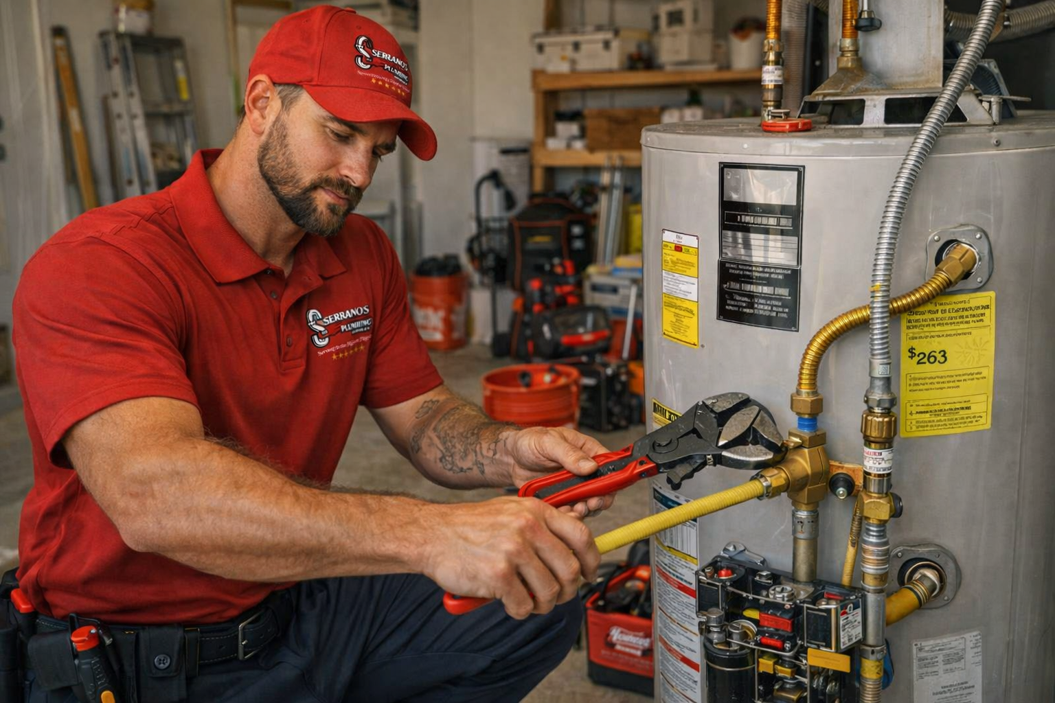plumber repairing residential water heater system with tools and professional workmanship