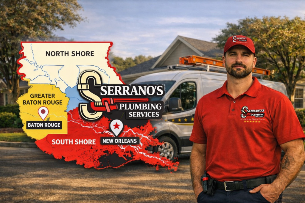 Joshua Serrano of Serrano’s Plumbing Services with service van in Southeast Louisiana