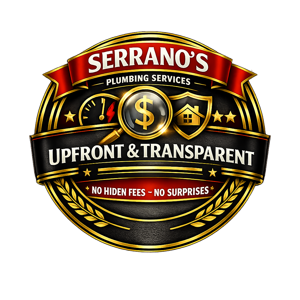 Serrano's Plumbing Services upfront and transparent pricing badge representing honest service and clear estimates in Southeast Louisiana