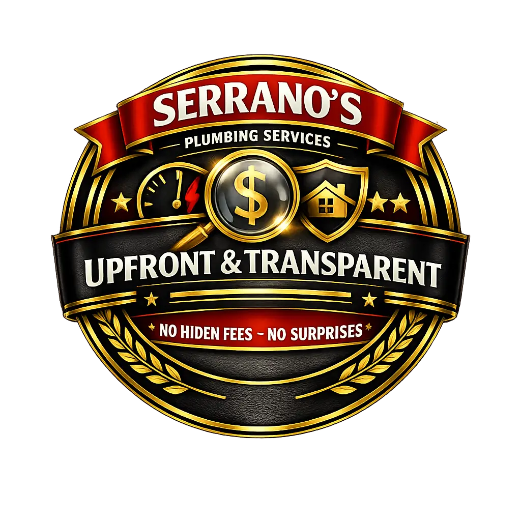 Serrano's Plumbing Services upfront and transparent pricing badge representing honest service and clear estimates in Southeast Louisiana