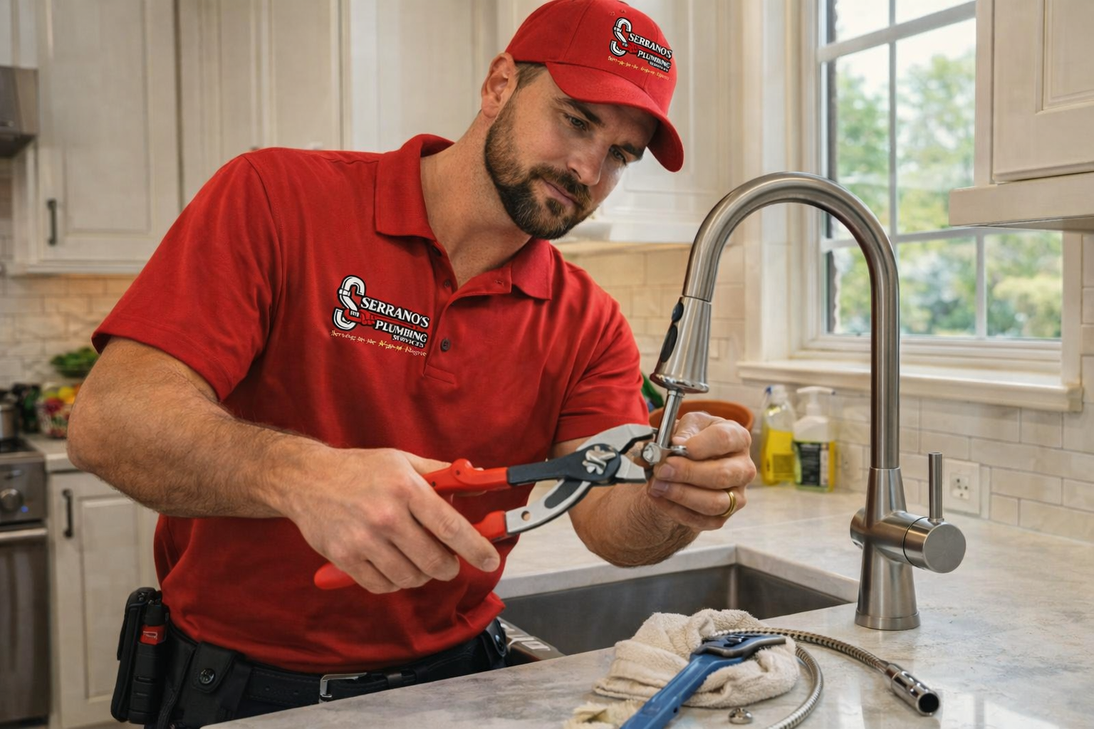 plumber repairing kitchen faucet and plumbing fixtures inside residential home