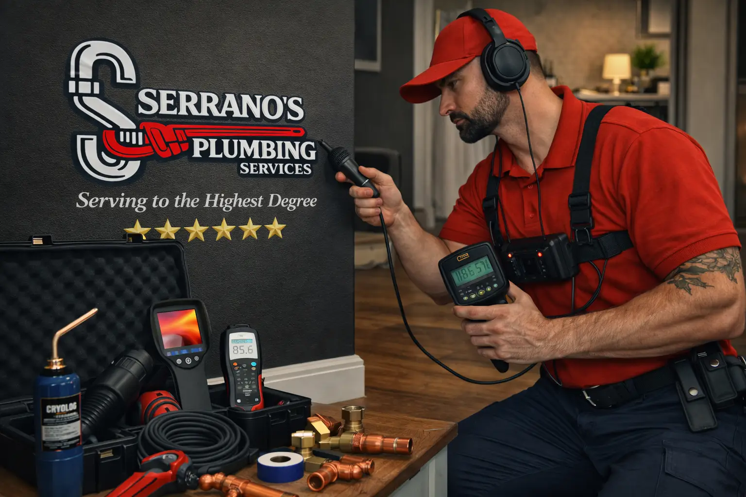 plumber performing leak detection using professional equipment to diagnose plumbing issues