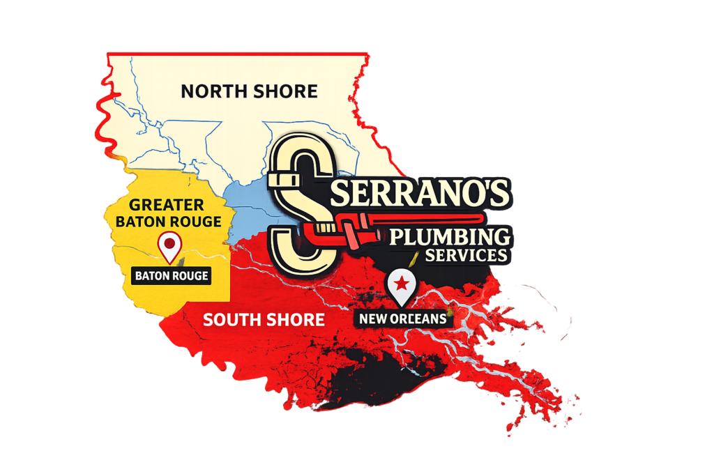 plumbing service area map showing regional coverage across Southeast Louisiana