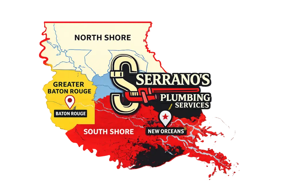 plumbing service area map showing regional coverage across Southeast Louisiana