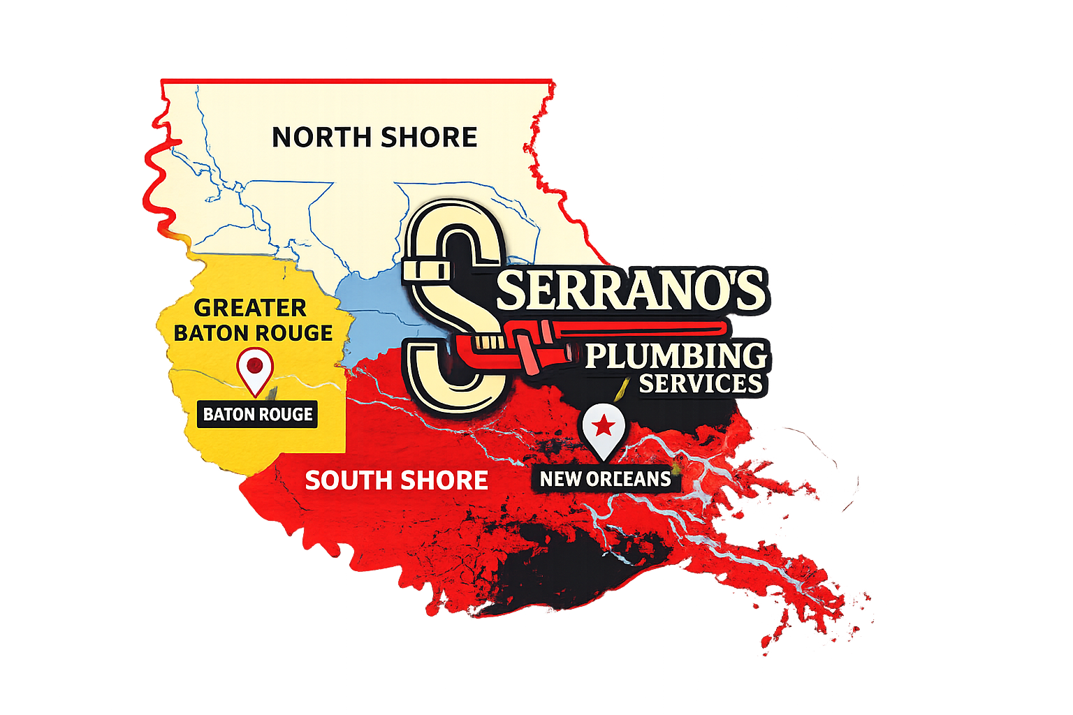 plumbing service area map showing regional coverage across Southeast Louisiana