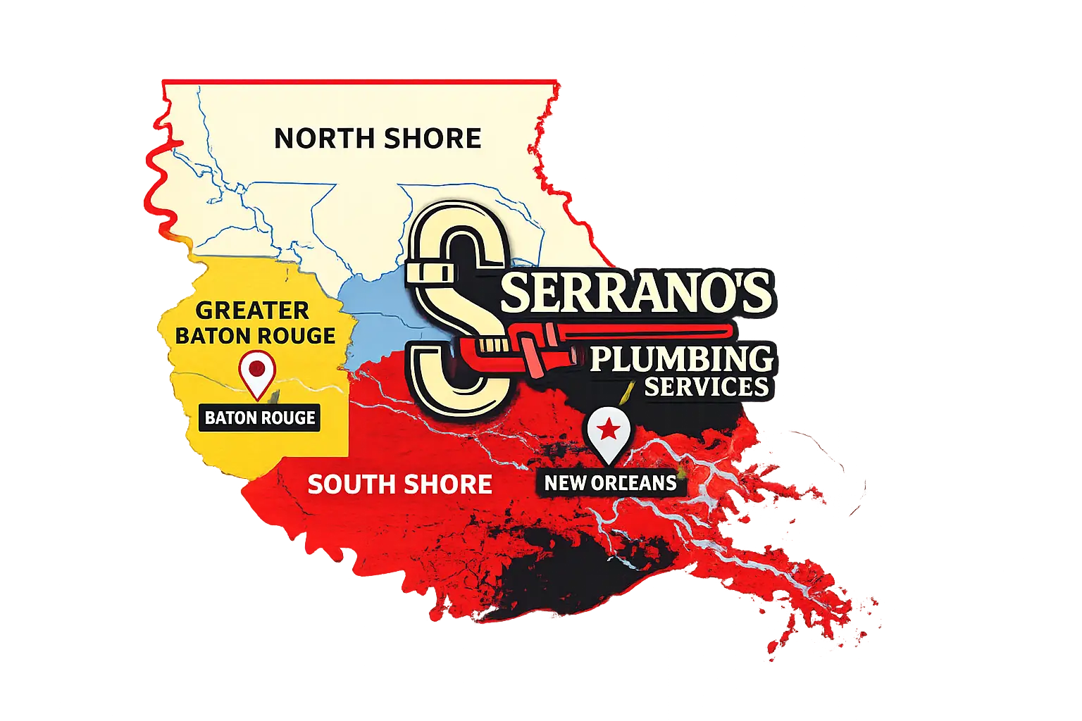 plumbing service area map showing regional coverage across Southeast Louisiana