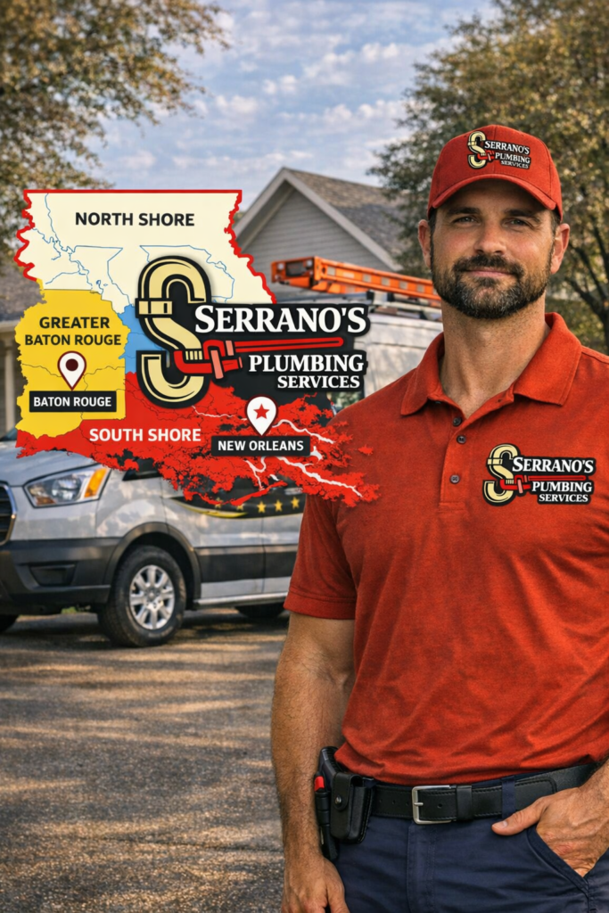 Serranos Plumbing Services owner with work van and Southeast Louisiana service area map