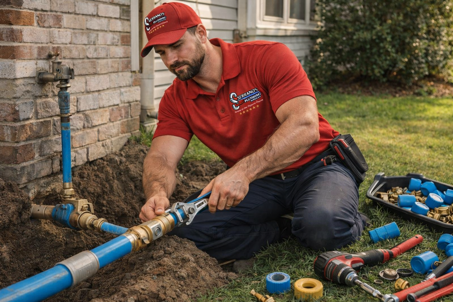 plumber repairing residential plumbing and water service line at home
