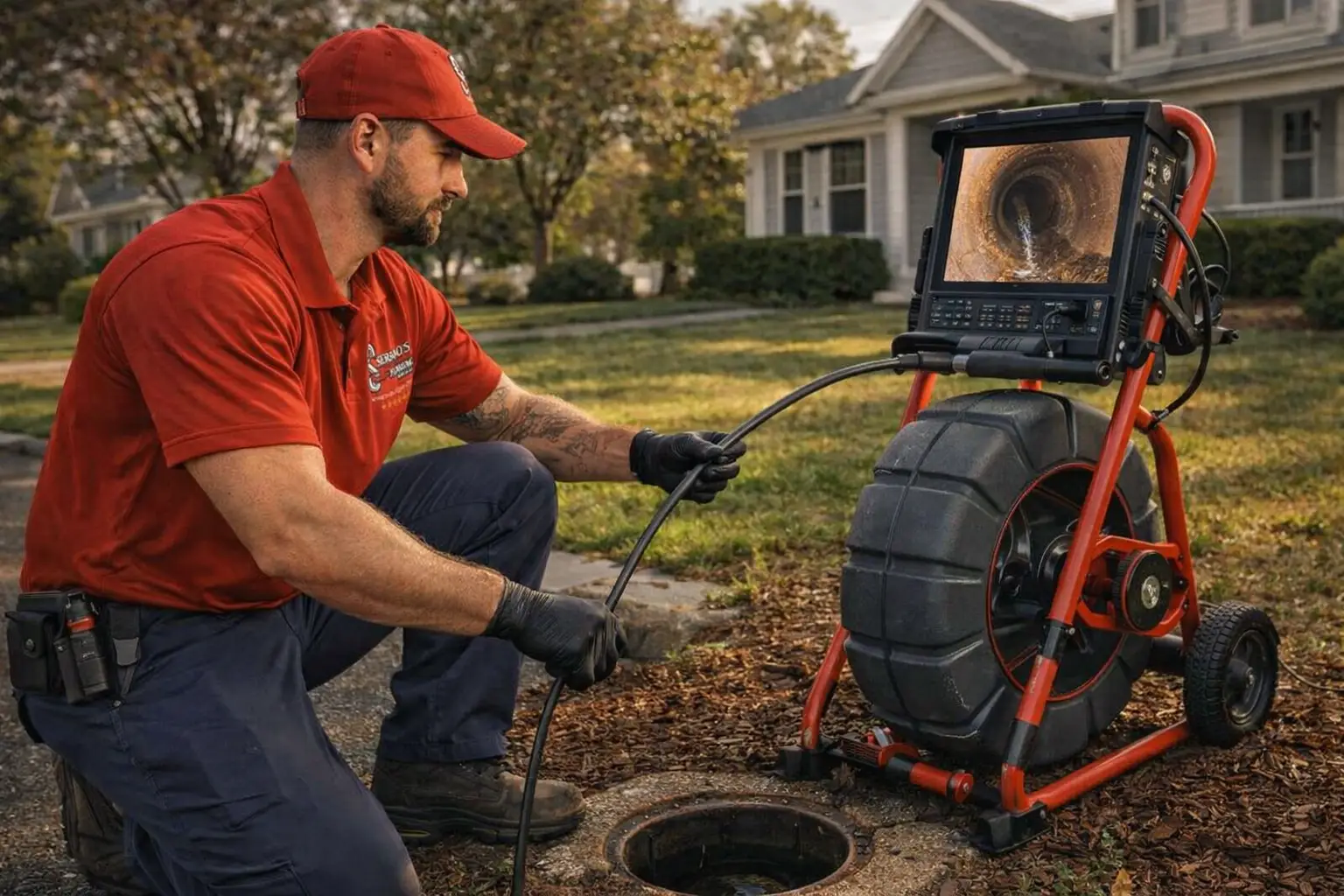 serranos tech looking in a drain with a sewer camera to detect source of issue