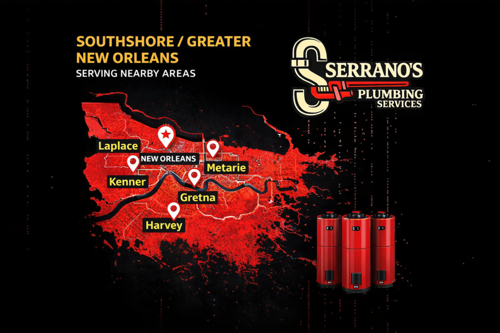 Plumbing service area map for Southeast Louisiana including North Shore, South Shore, and Greater Baton Rouge regions – Serrano’s Plumbing Services