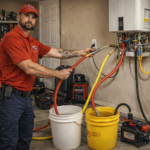 plumber servicing residential water heater system and diagnosing hot water issues