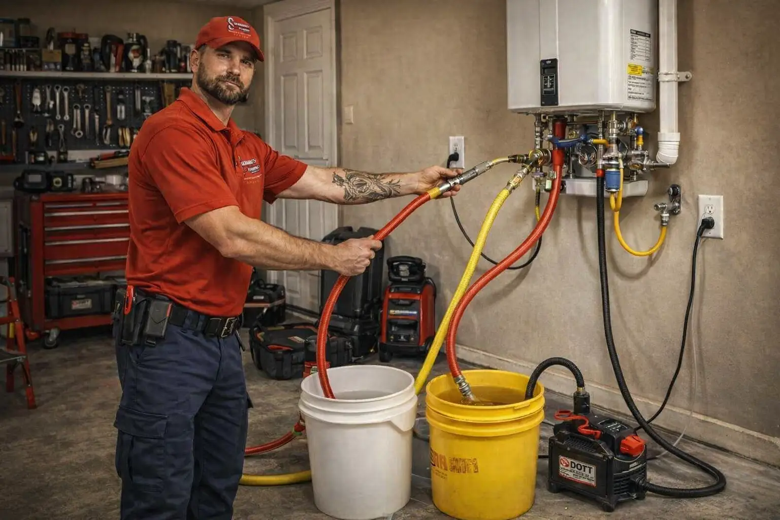 plumber servicing residential water heater system and diagnosing hot water issues