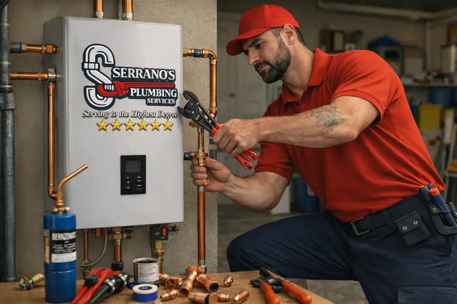 plumber installing and repairing tankless water heater with exposed plumbing lines
