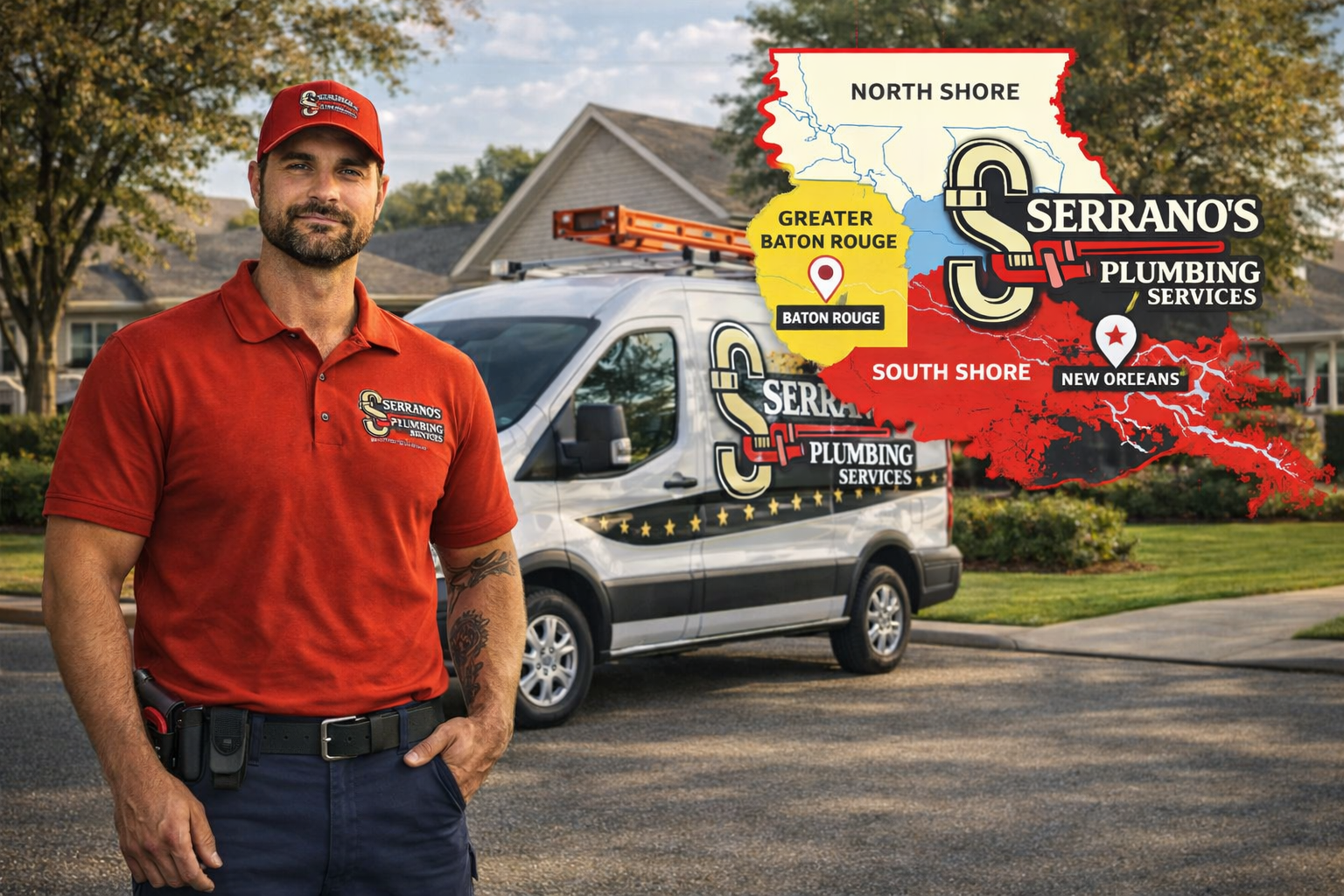 Joshua Serrano of Serrano’s Plumbing Services standing next to a company van with Southeast Louisiana service area map