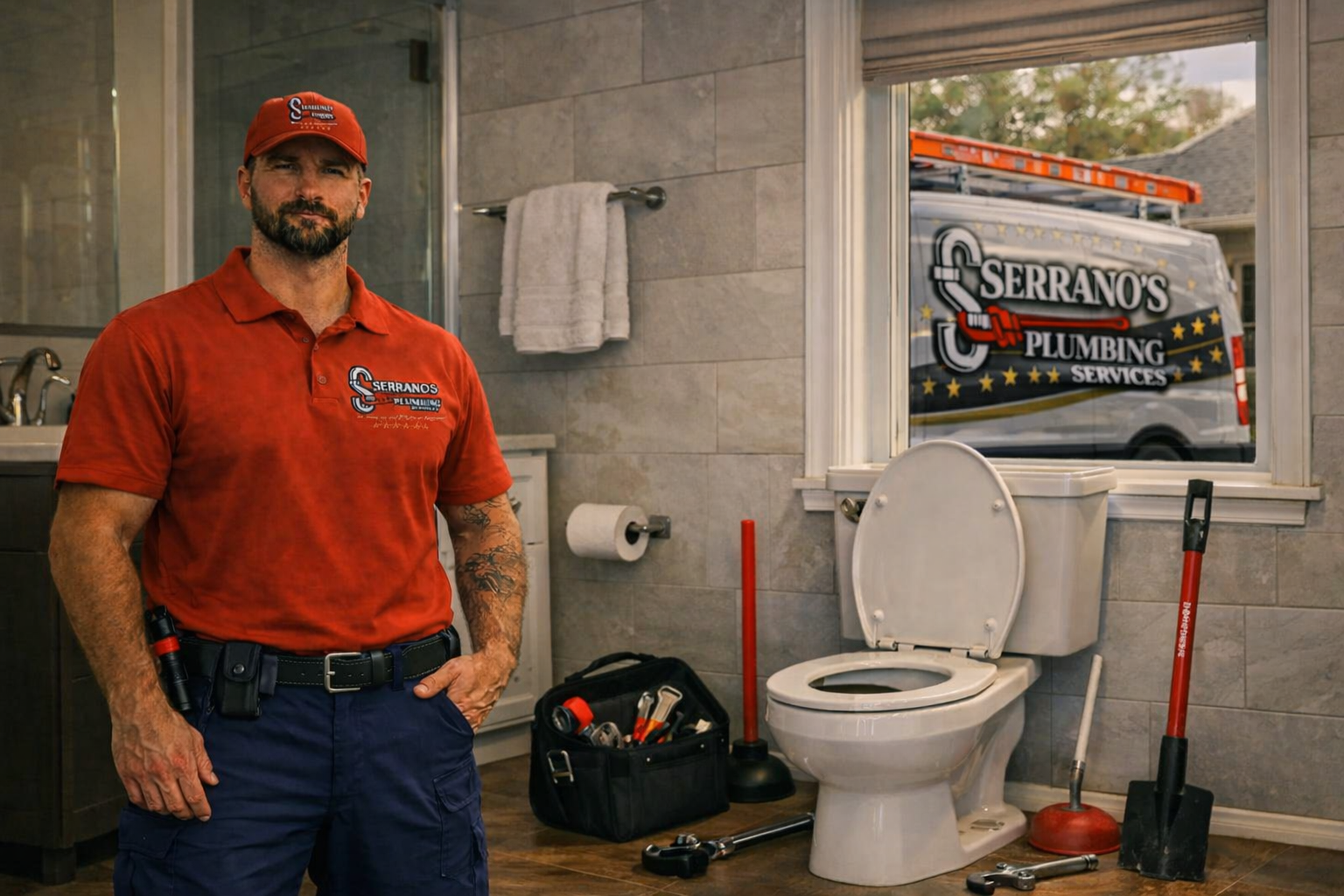 professional plumber standing in bathroom after completed residential plumbing service