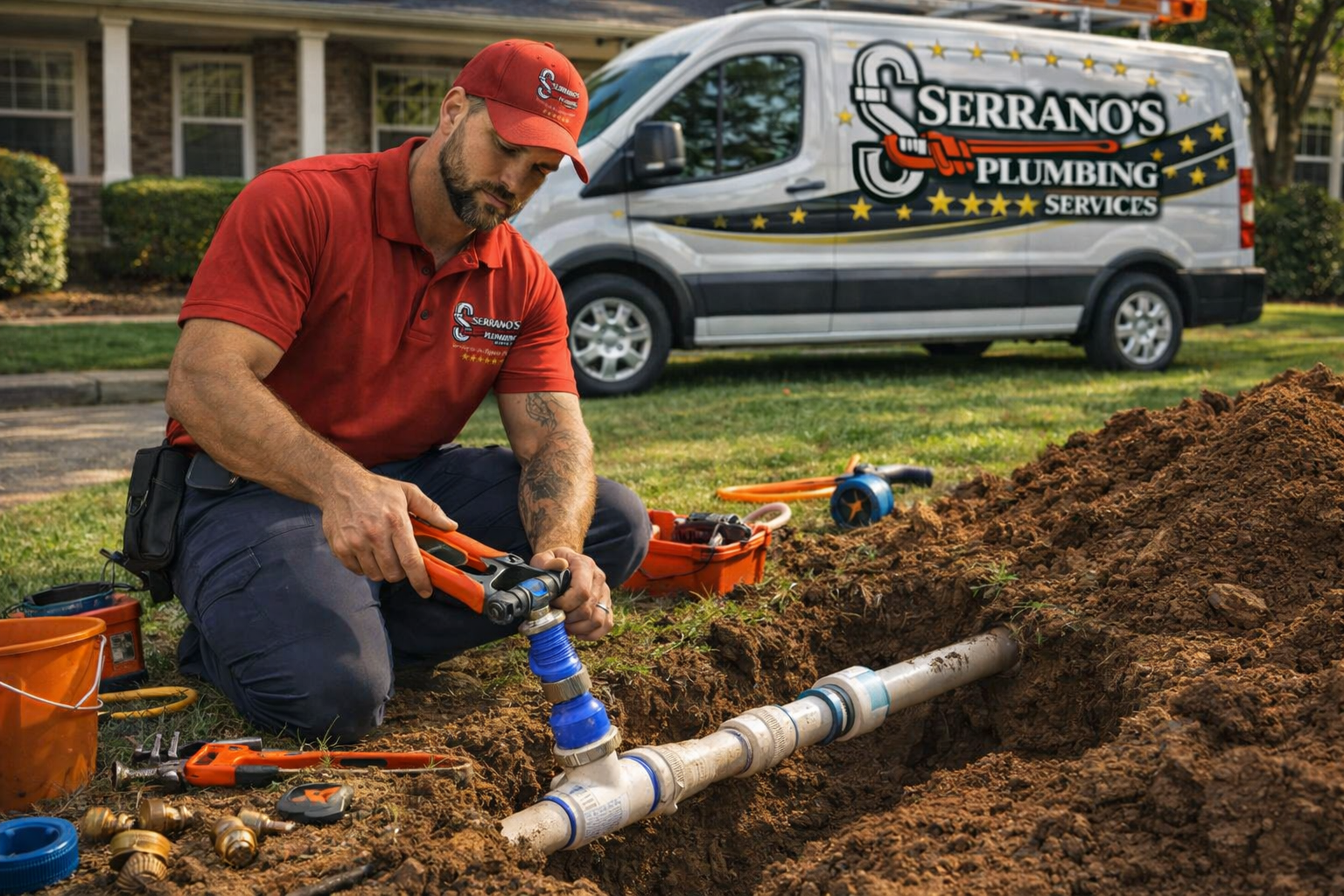 plumber repairing underground water line and utility piping at residential property