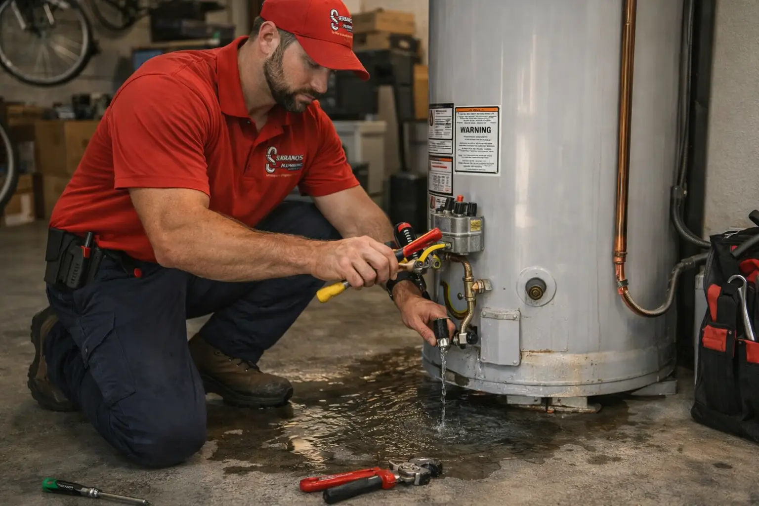 plumber repairing leaking water heater and fixing plumbing issue on residential system