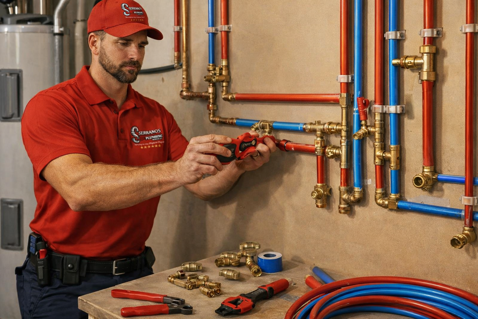 plumber working on residential water lines and plumbing connections with tools and pipe fittings