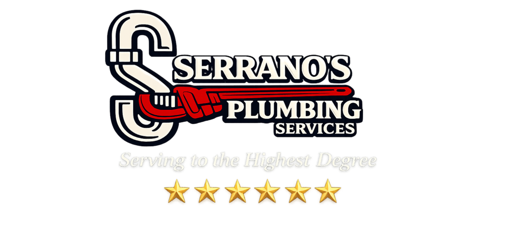 Serrano's Plumbing Services logo with the phrase "Serving to the Highest Degree" and six gold stars representing five-star plumbing service in Southeast Louisiana