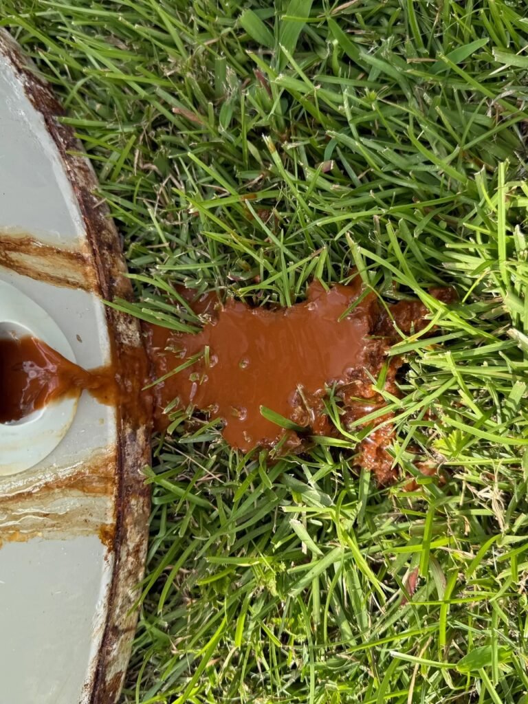 Rusty water draining from a failing water heater tank in Hammond, LA