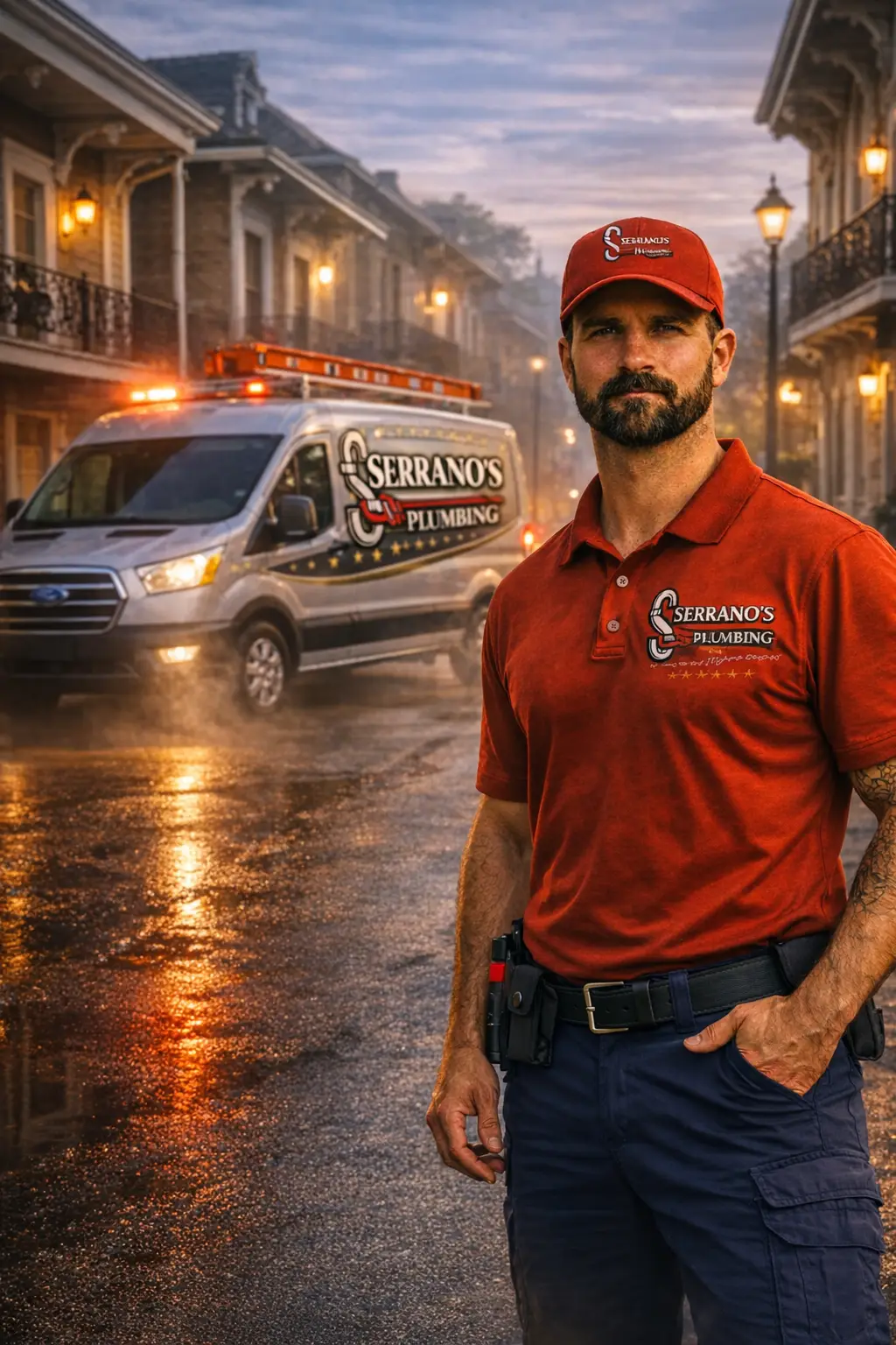 emergency plumber responding to urgent plumbing issue in Southeast Louisiana home with Serrano’s Plumbing Services van nearby