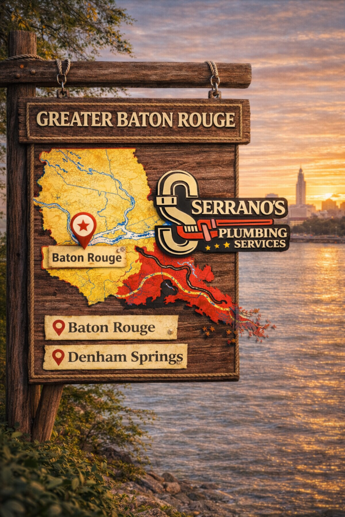 wooden sign style map showing Greater Baton Rouge plumbing service area with Baton Rouge and Denham Springs locations