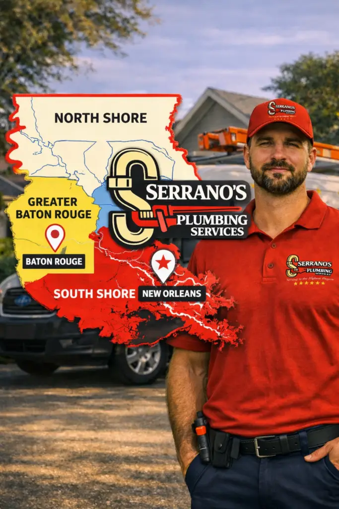 Serrano’s Plumbing Services technician standing beside service van with Southeast Louisiana service area map