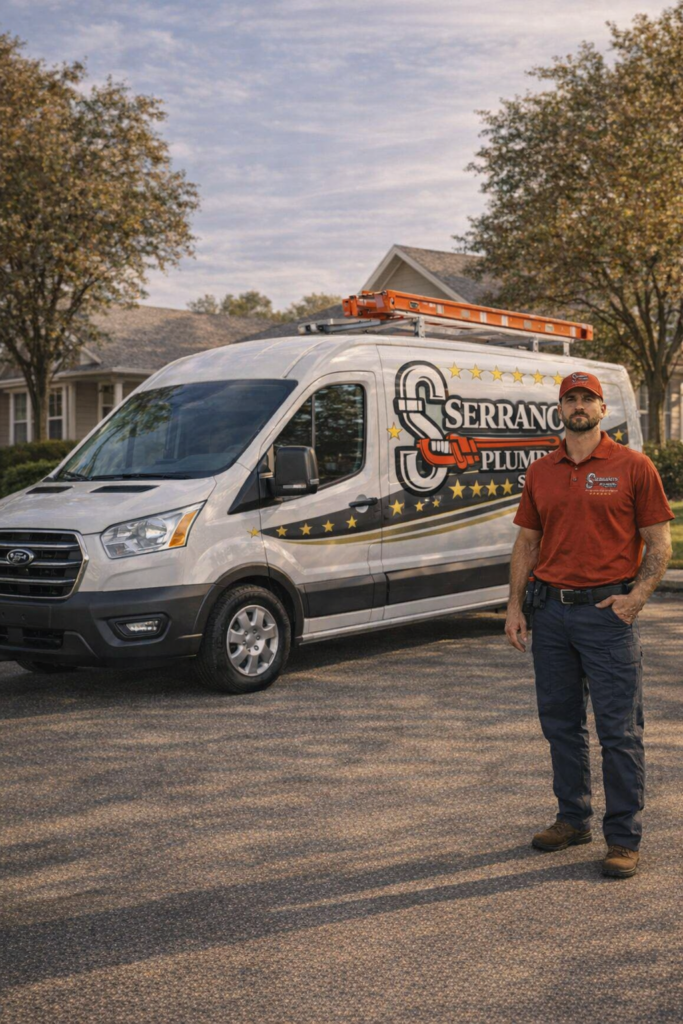 Joshua Serrano, owner of Serrano’s Plumbing Services, standing by the company service van in Southeast Louisiana.