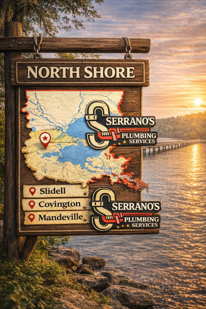 wooden sign style map showing North Shore plumbing service area with local service locations in Southeast Louisiana