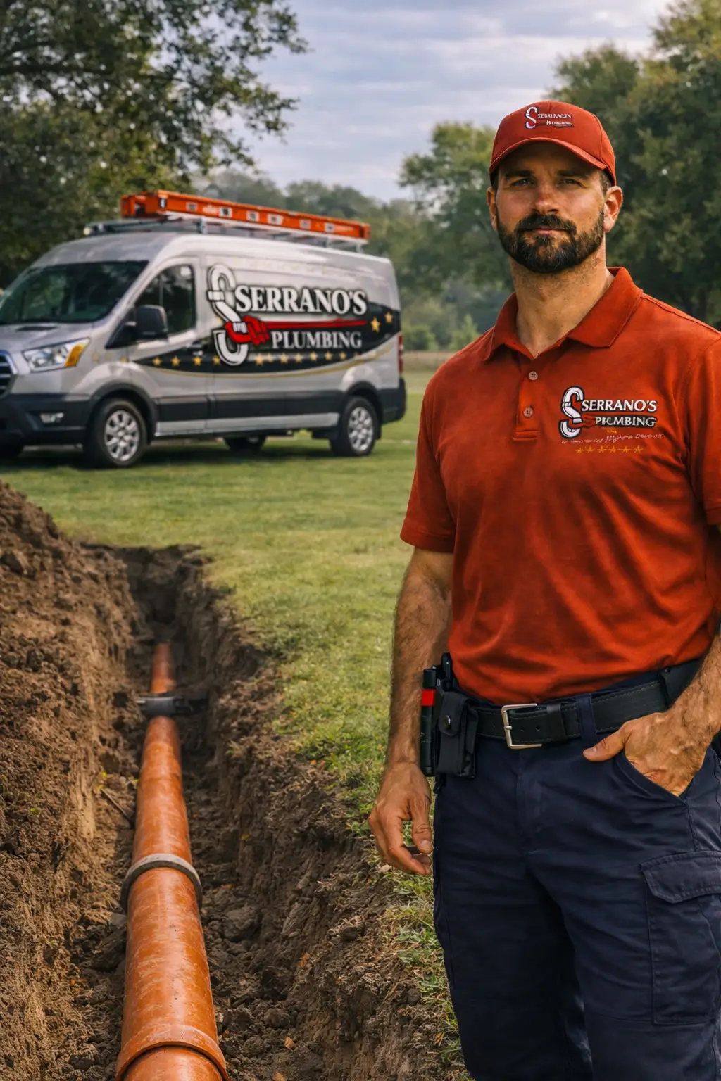 sewer line repair Serrano's Plumbing Services plumber diagnosing drainage problem.