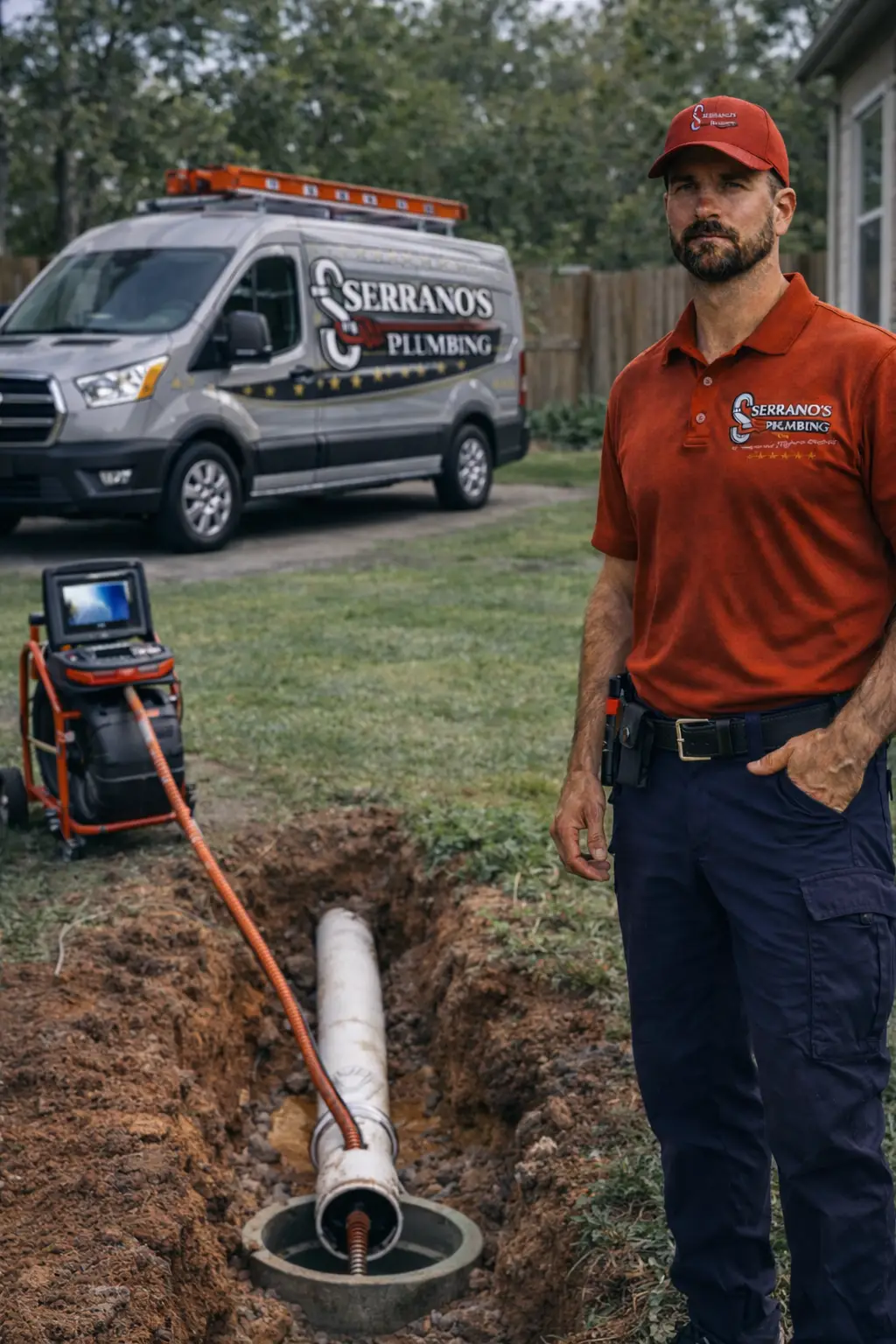 sewer line repair plumber at a residential home next to service van