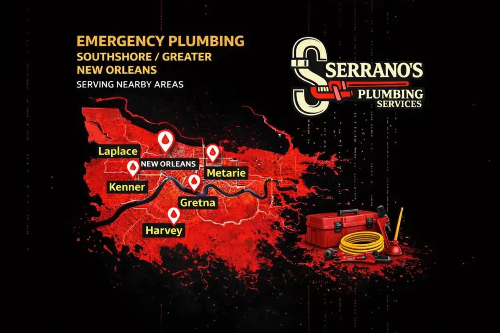 South Shore emergency plumbing service area map showing Metairie, Kenner, New Orleans, Westwego, Marrero, Gretna, Harvey, LaPlace, Luling, and Destrehan served by Serrano’s Plumbing Services
