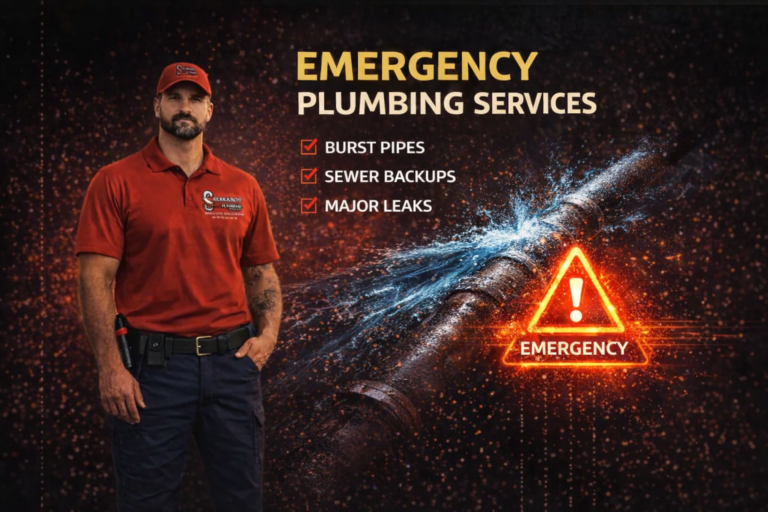emergency plumbing services image showing a Serrano’s Plumbing Services plumber with storm water and urgent repair warning graphic