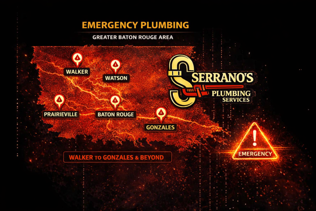 Greater Baton Rouge emergency plumbing service area map showing Baton Rouge, Denham Springs, Gonzales, and Walker served by Serrano’s Plumbing Services