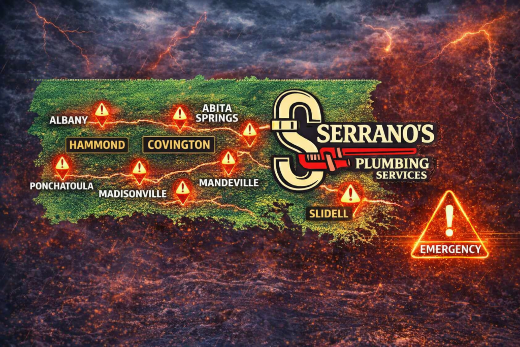 North Shore emergency plumbing service area map showing Covington, Mandeville, Slidell, Hammond, Ponchatoula, Albany, Independence, Amite, Tickfaw, and Natalbany served by Serrano’s Plumbing Services