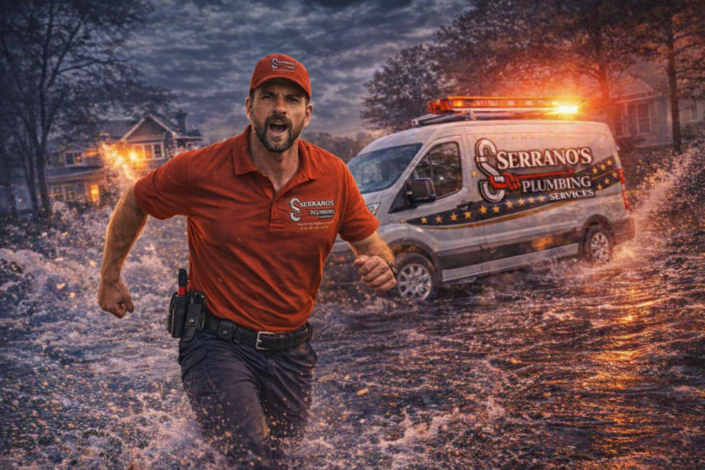 hero image of Serrano’s Plumbing Services emergency plumber responding to a plumbing emergency in Louisianan
