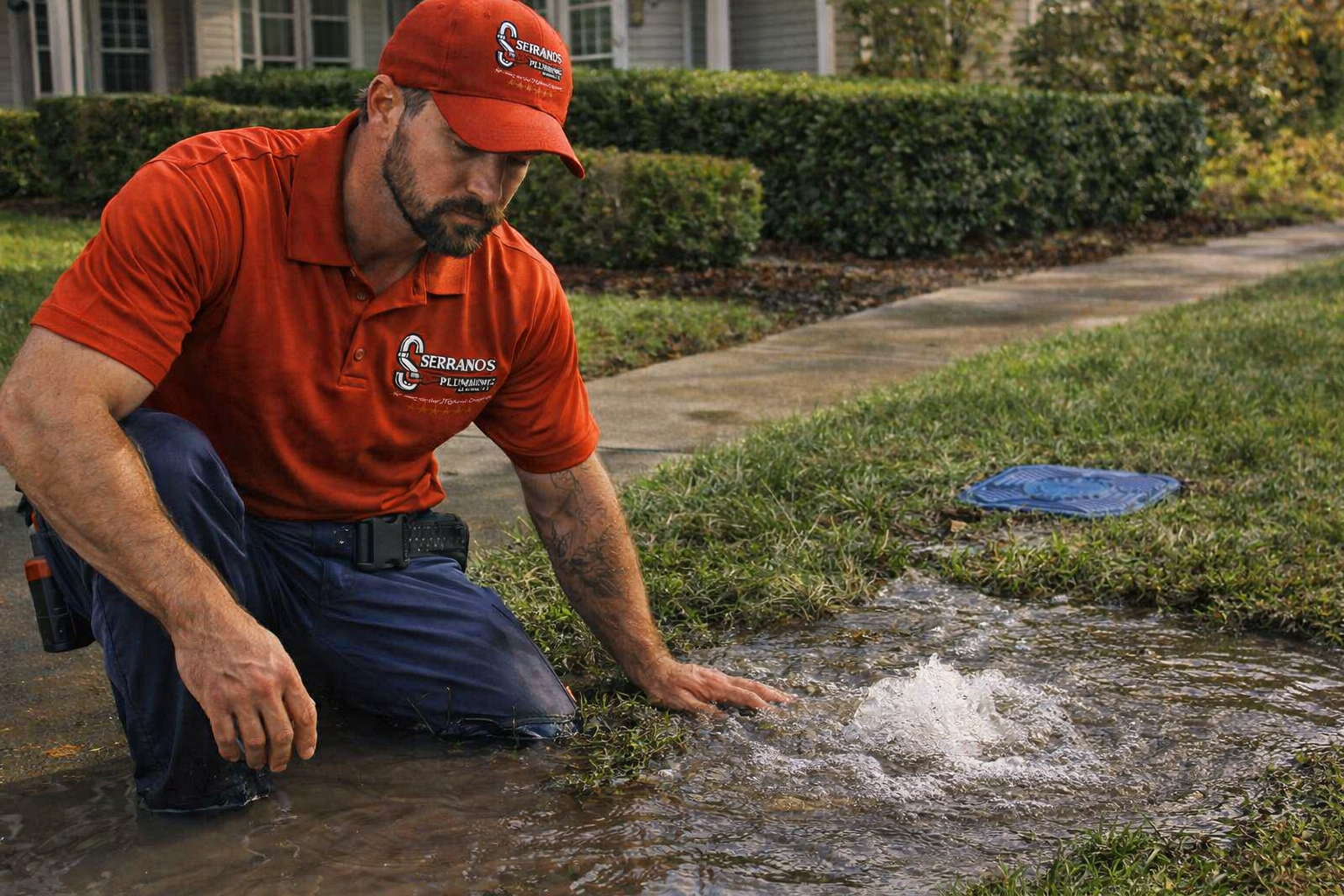 Serrano’s Plumbing Services plumber checking a leaking water line with water surfacing in the yard