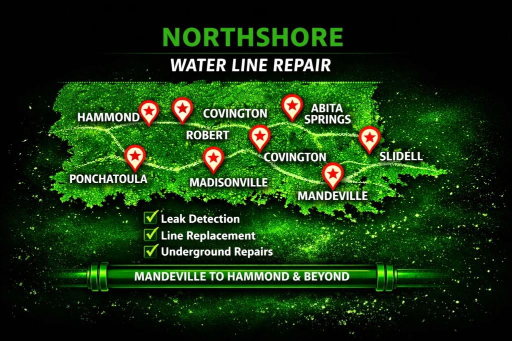 North Shore Louisiana water line repair service area map showing Hammond, Covington, Mandeville, Madisonville, Ponchatoula, Slidell, Abita Springs, and surrounding communities