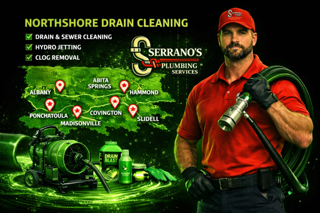 North Shore drain cleaning service graphic for Serrano’s Plumbing Services featuring a plumber, drain cleaning equipment, and a North Shore service map