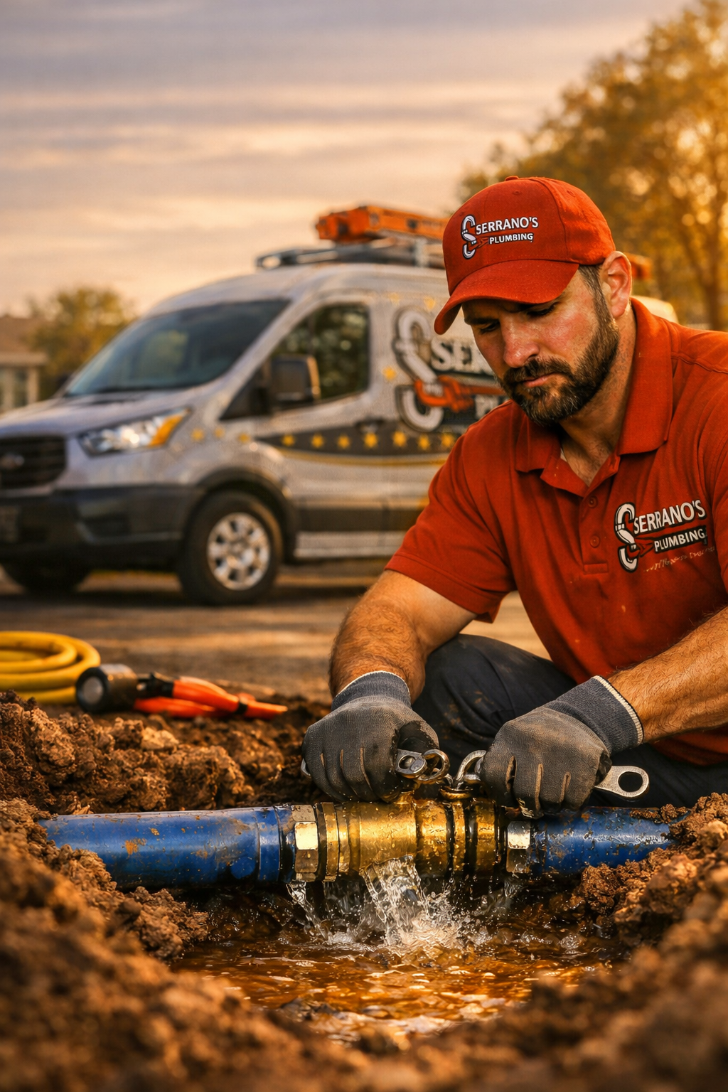 Serrano’s Plumbing Services plumber repairing a blue underground water line near a plumbing service van