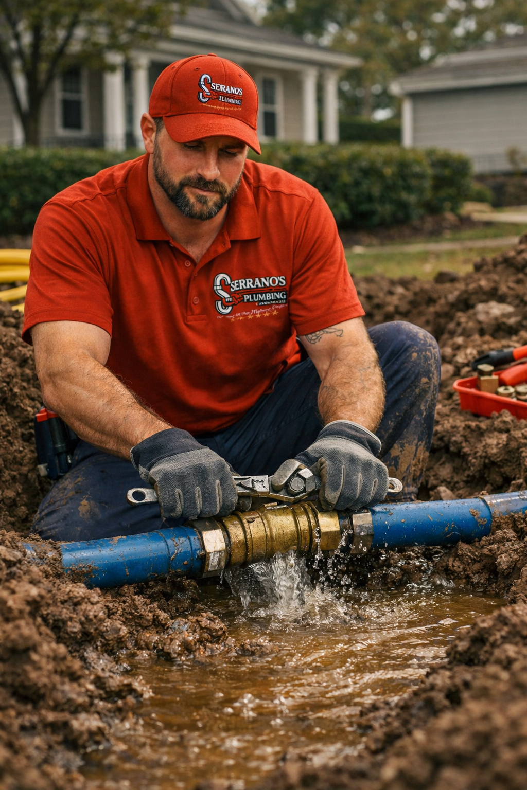 Serrano’s Plumbing Services plumber working on a water line repair with tools and exposed piping
