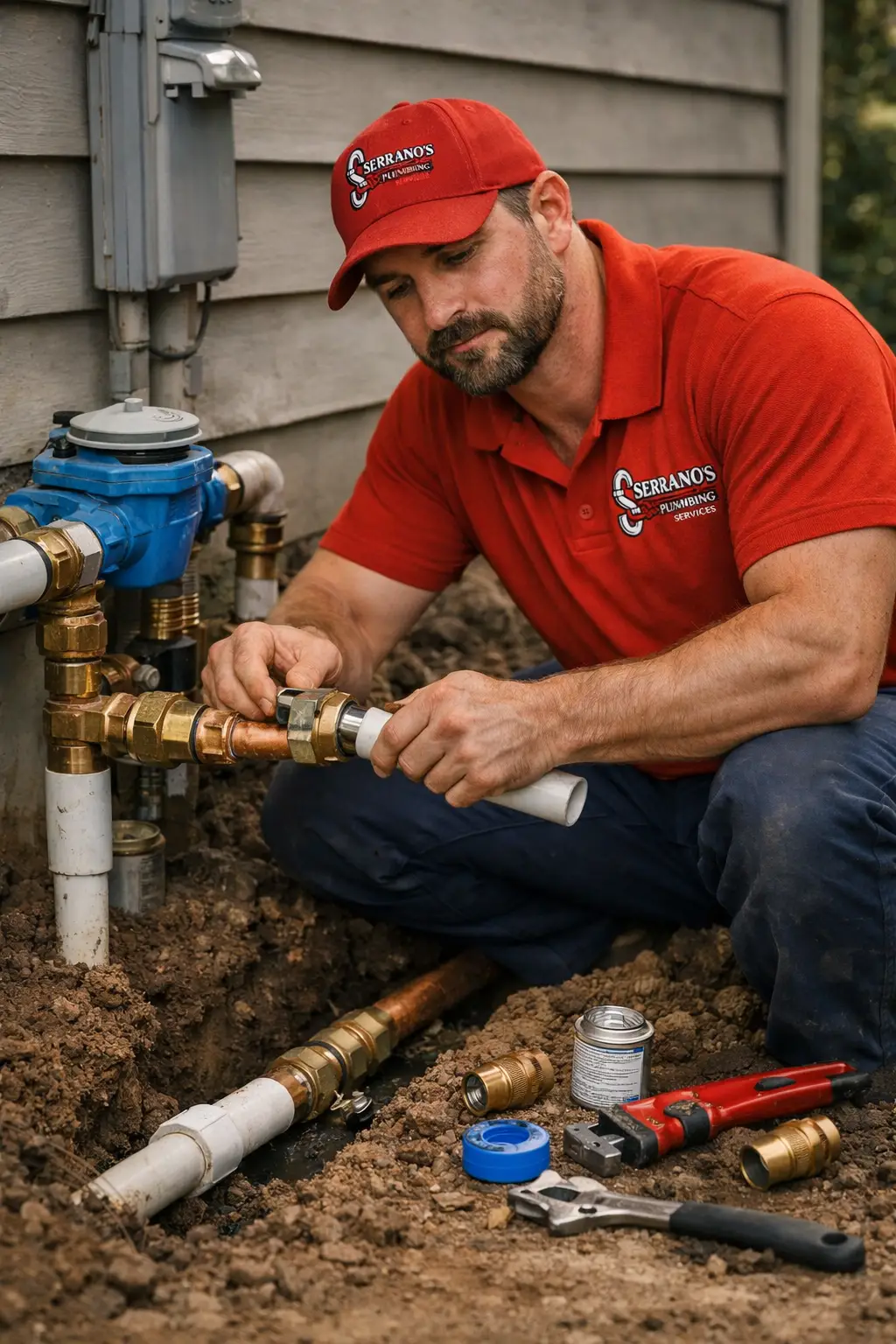 Plumber repairing a water line connection with hand tools during a residential plumbing service.