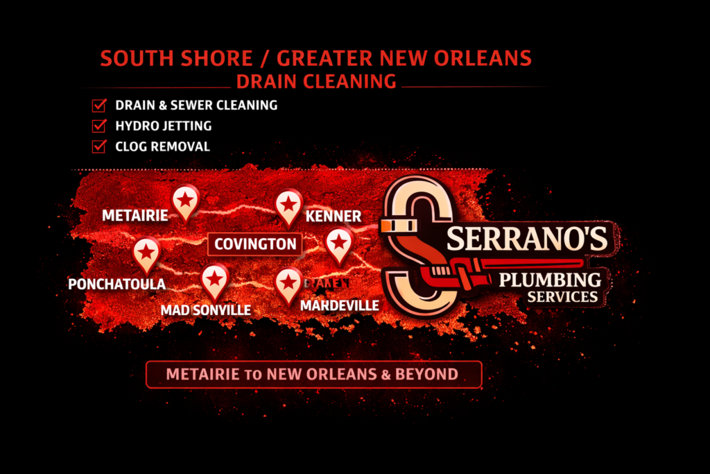Drain cleaning service across the South Shore by Serrano’s Plumbing Services with plumber, sewer and drain equipment, and regional service map