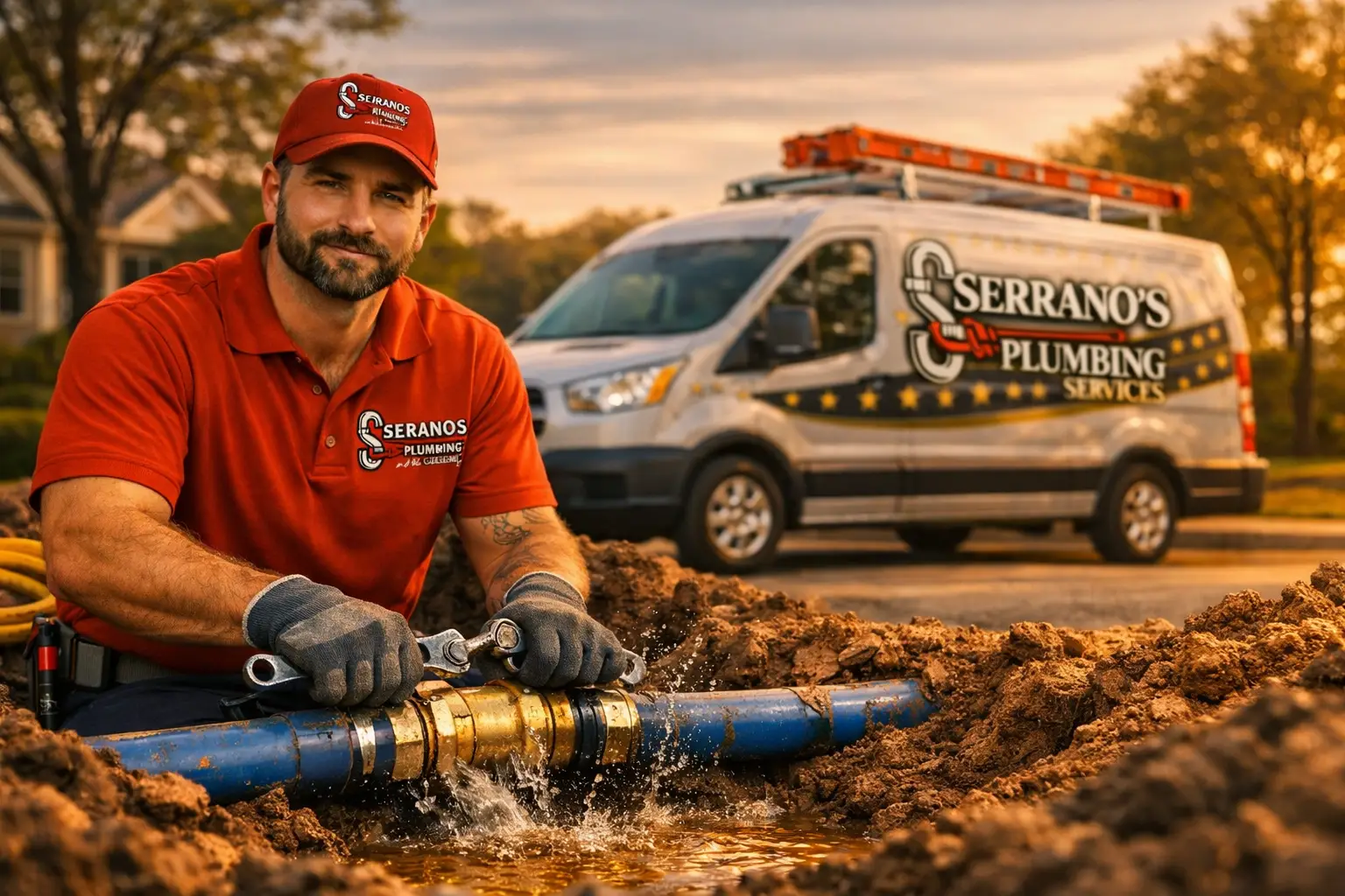 Serrano’s Plumbing Services plumber repairing an underground water line with service van in the background