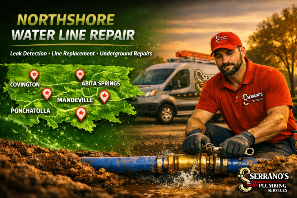 North Shore Louisiana plumbing related services map with service areas across Hammond, Covington, Mandeville, Slidell, Ponchatoula, Madisonville, Abita Springs, Lacombe, and surrounding communities