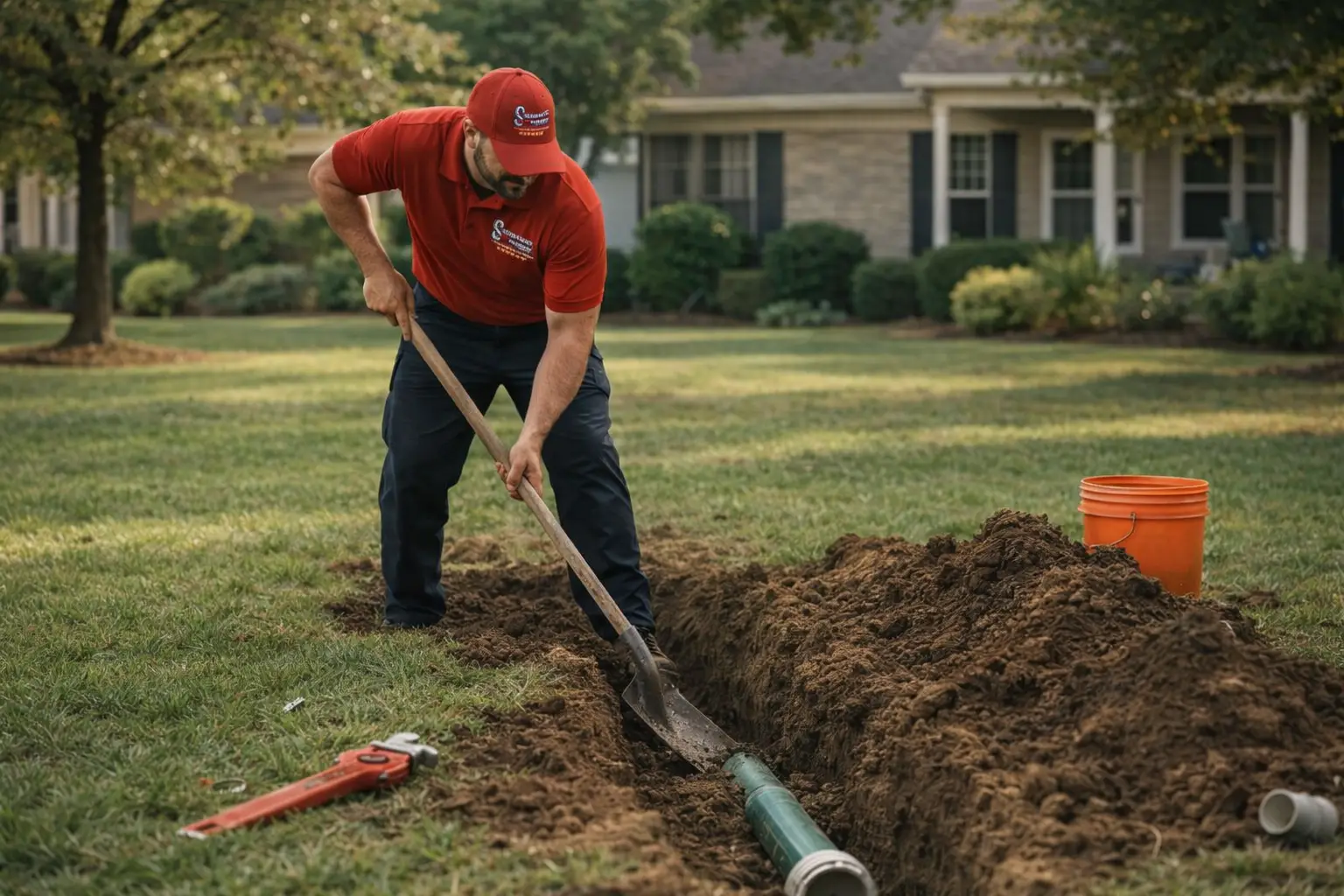 Serrano’s Plumbing Services technician digging in a residential yard to access and repair an underground sewer line near a Southeast Louisiana home.